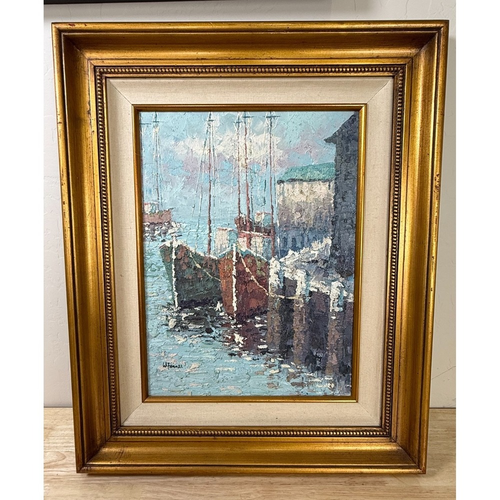 Walter Leslie Fenner Oil Painting Vtg Mid Century Impressionist Boats Harbor